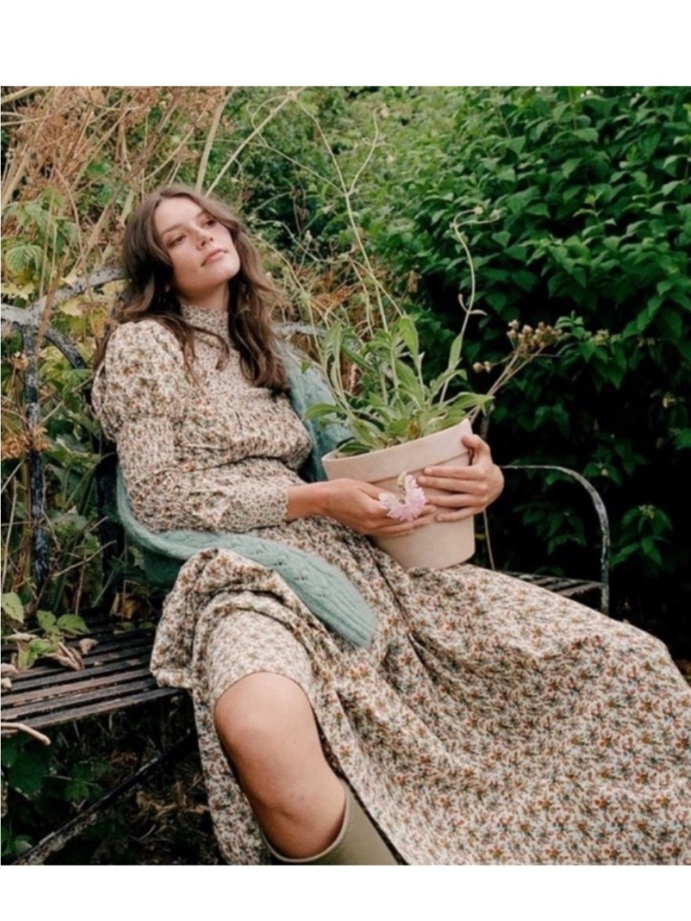 Doen Cream Floral Long-Sleeve Maxi Dress with Green Accents